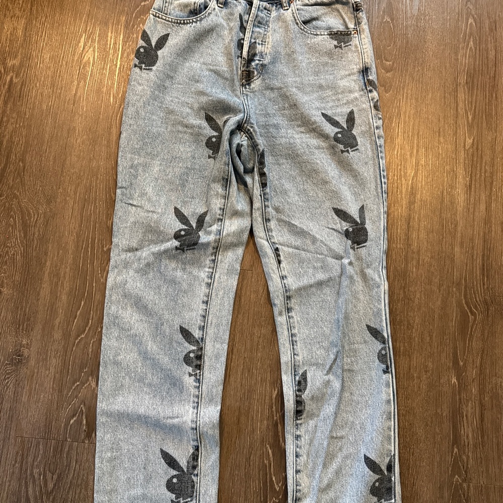 PLAYBOY Light blue Straight Leg Jeans with Black Bunny Print